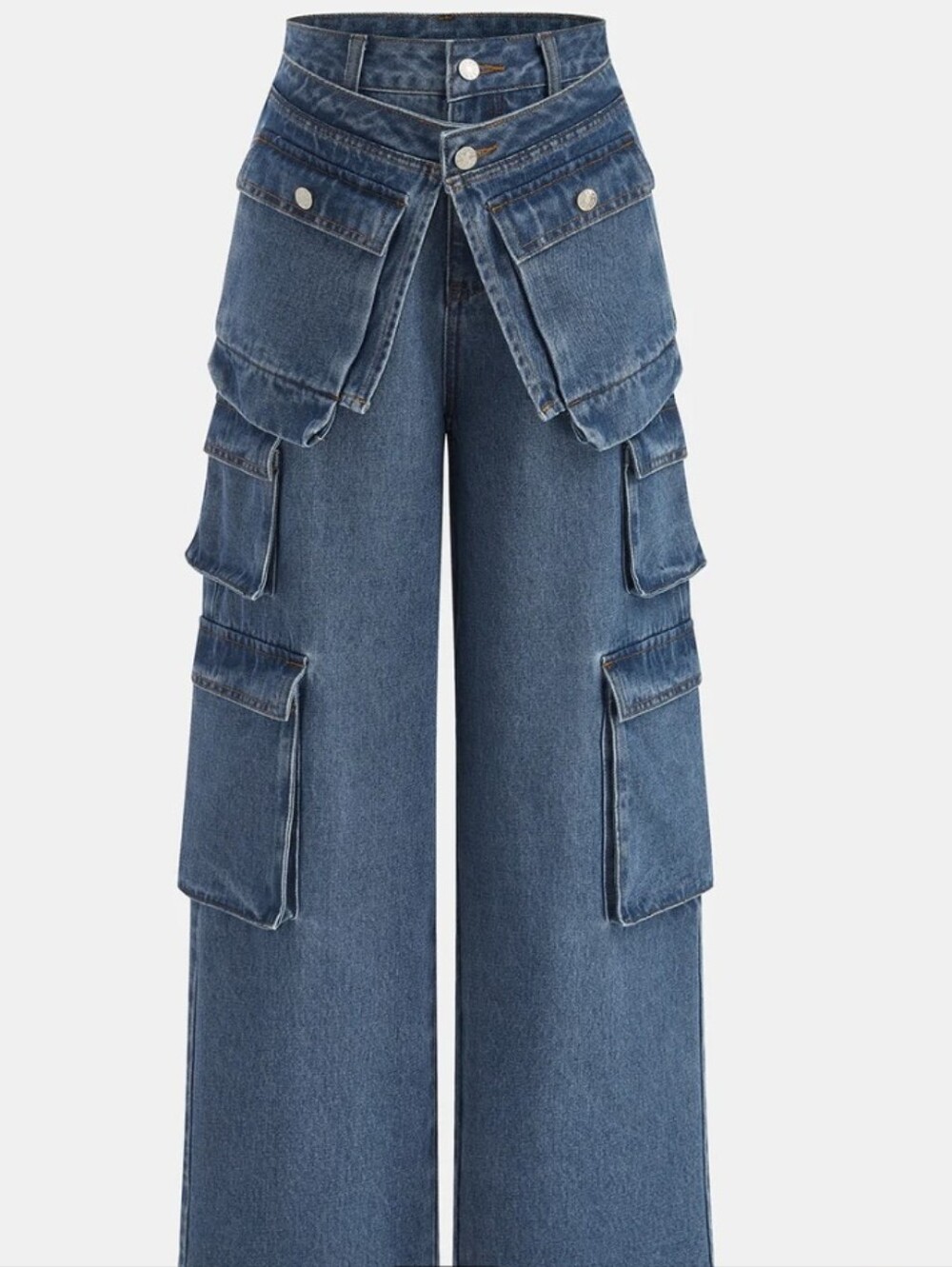 Commense Denium Cargo Jeans Multi Pocket Belted Wide Leg L NWT